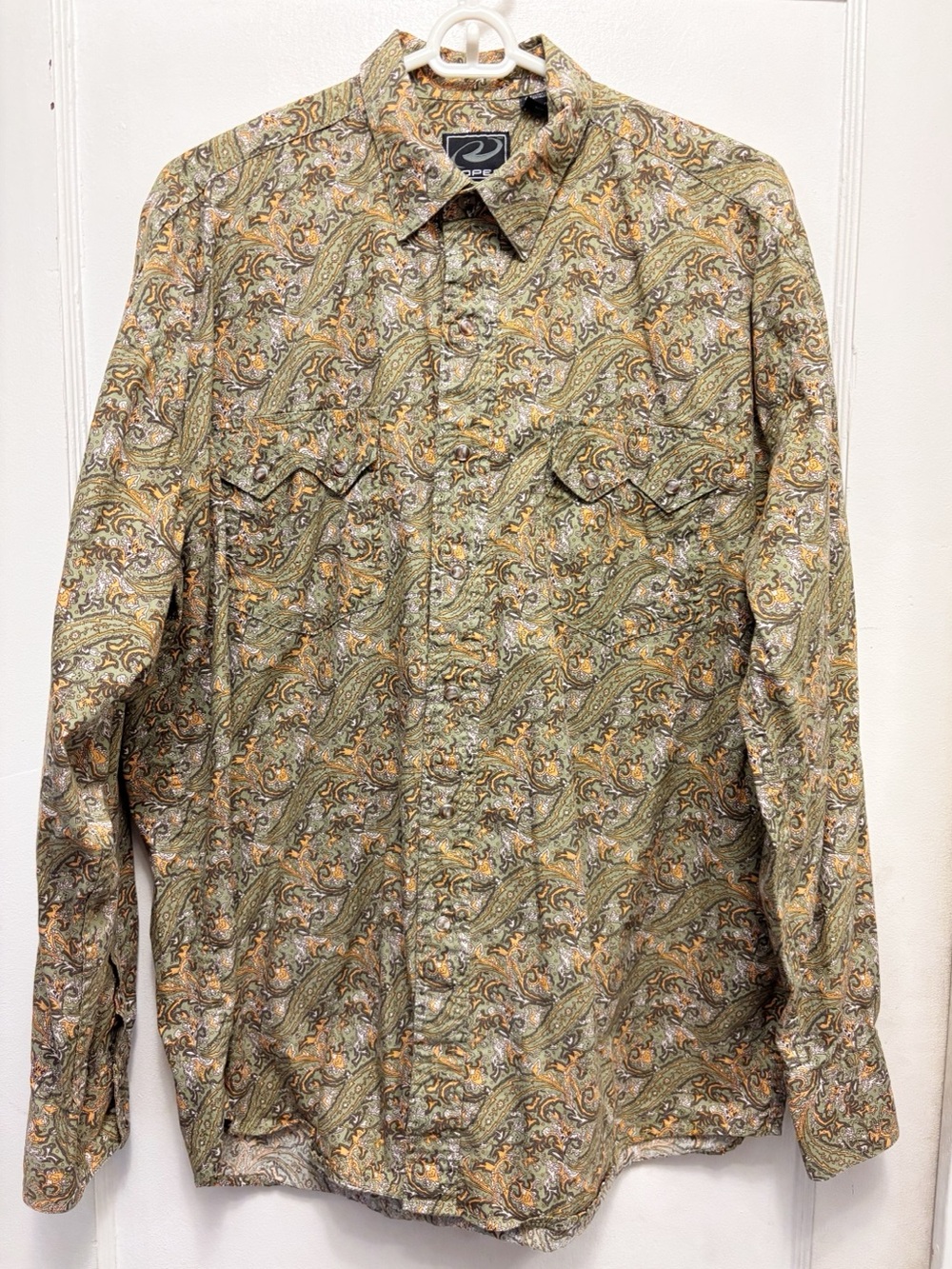 Roper Western Pearl Snap Shirt Gold & Green Paisley Size Large